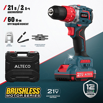 Дрель аккум. ALTECO CID 21-60 BL 21В, 13мм, 60Нм, б/щет, ударная, 1х2Ач, ЗУ, кейс 82043